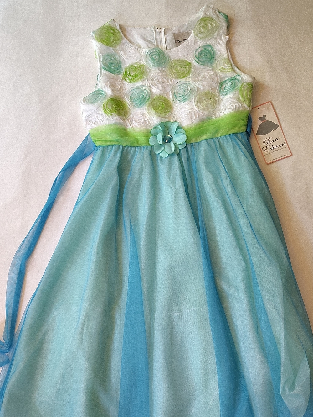 Rare Editions White, Aqua & Lime Floral Rosette Chiffon Dress Size 16 NWT